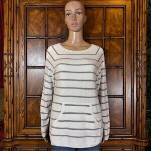 Barefoot Dreams Cozychic Ultra Lite White Gray Stripe Kangaroo Pocket Sweater